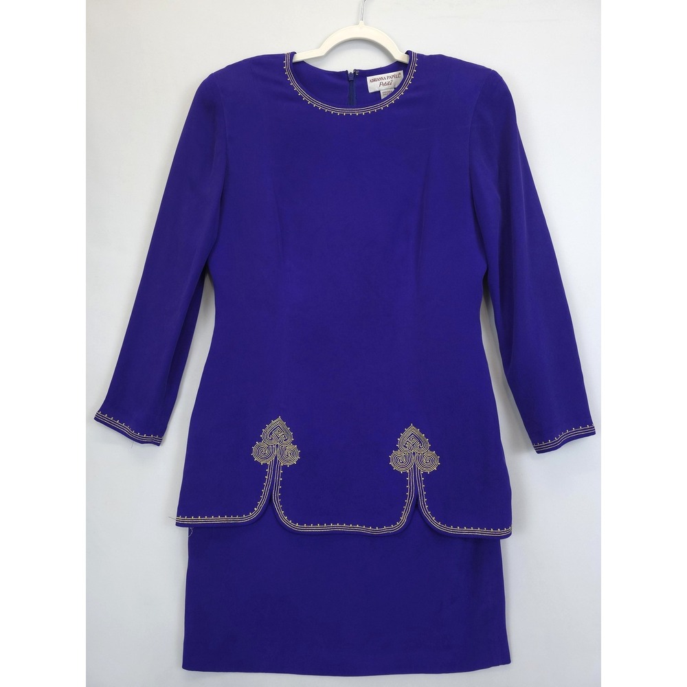 Adrianna Papell Dress Women 12 P Purple Silk Embroidered Formal Occasion Church